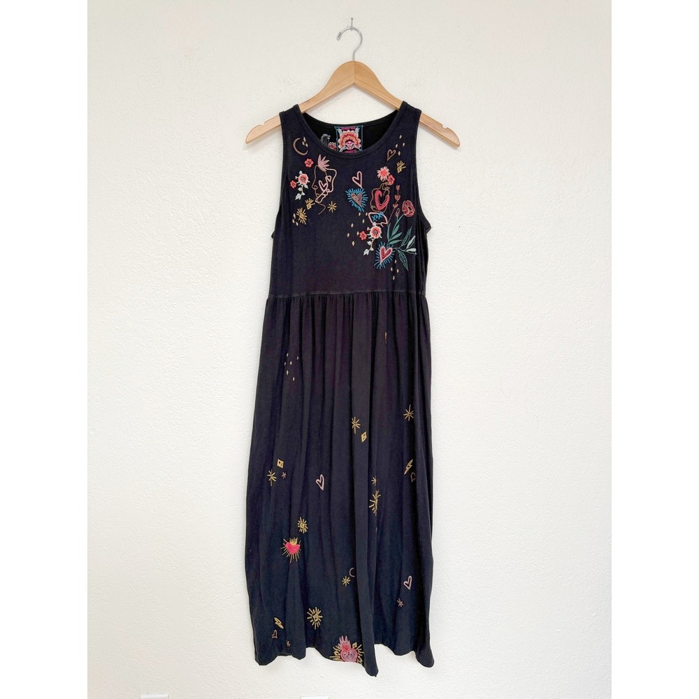 Johnny Was Los Angeles Black Embroidered Boho Midi Tank Dress Womens Small